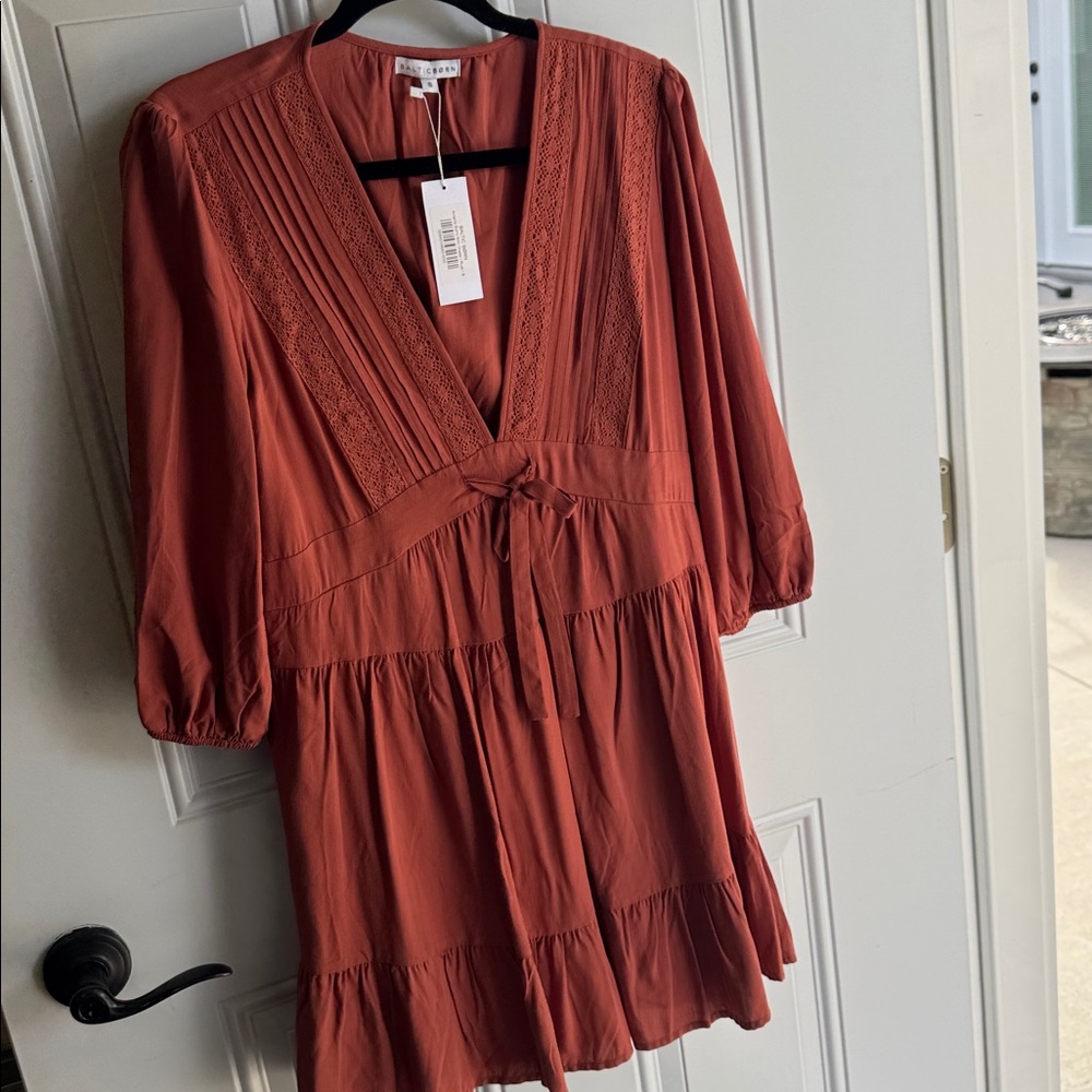 Baltic Born Rust Orange V-Neck Tie-Front Tiered Dress